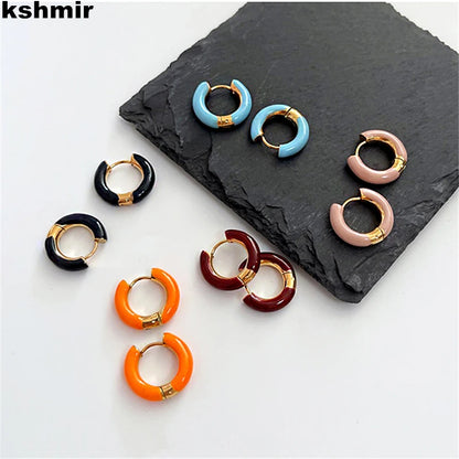 Color geometric round chunky ear clasp titanium steel metal hand drop oil stylish design earring accessories are delivered free