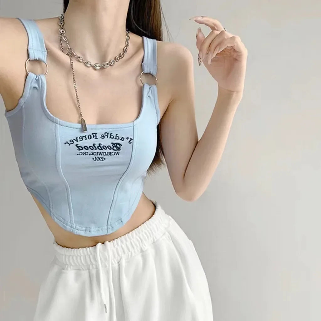 Striped bra pad tank top Y2K solid color short women's T-shirt tank top exposed navel top sleeveless exposed navel tank