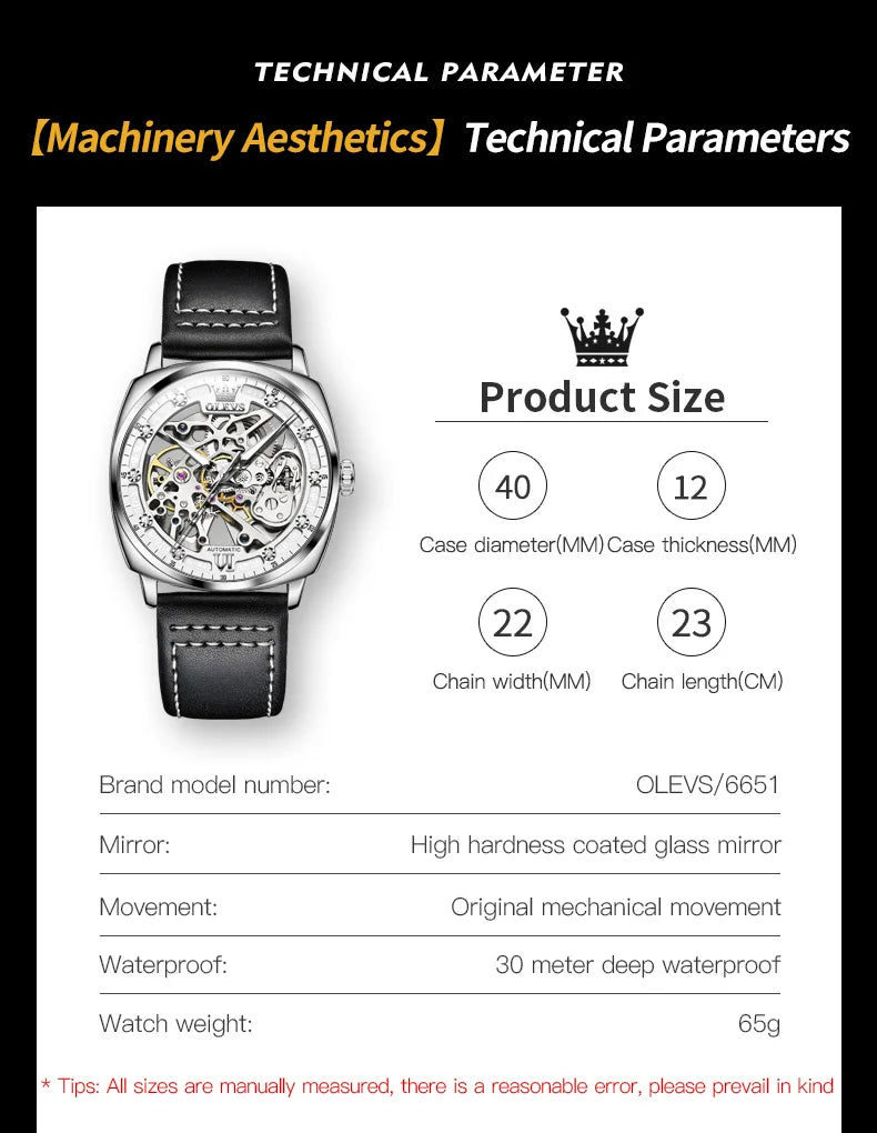 OLEVS 6651 Original Men's Automatic Watches Fashion Casual Tonneau PUNK Style Hollow Out Mechanical Writwatch Luxury Man Watch