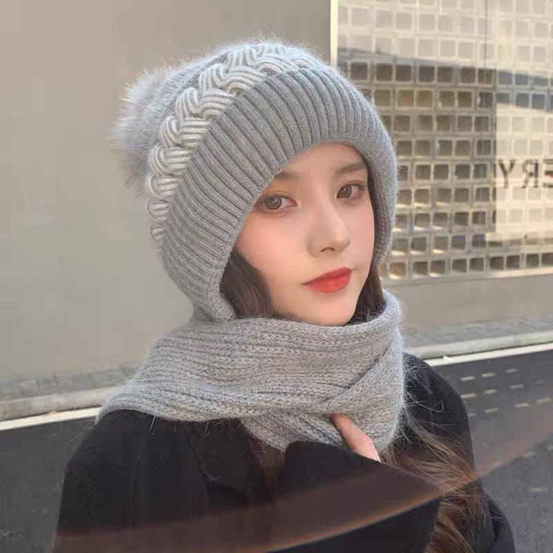 8PCS Hat Scarf All-in-one Female Winter Warm Rabbit Hair Knitted Cap Cycling Ear Protection Padded Cute Cold-proof Neck Cap