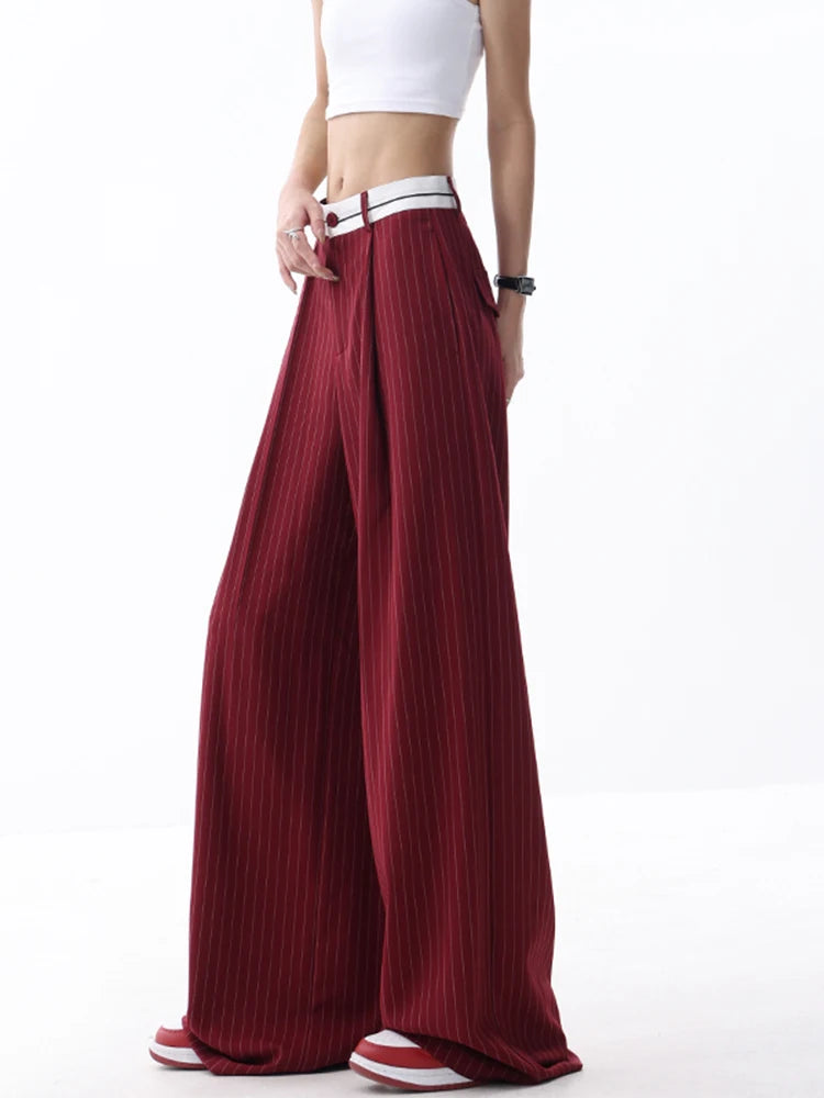 Korean Fashion Women Old Money Style Baggy Long Trousers Striped Vintage Irregular Design Loose Casual Pants 2000s Aesthetic New