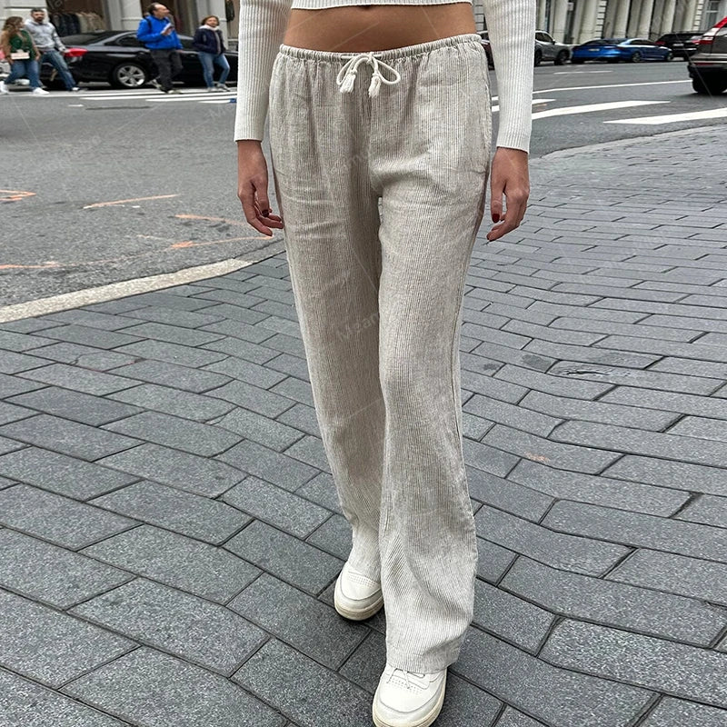 Maemukilabe Comfy Loung Pants Streetwear Tie Up Waist Wide Leg Trousers Y2K Vintage Striped Loose Pants Women Pajamas Sleepwear