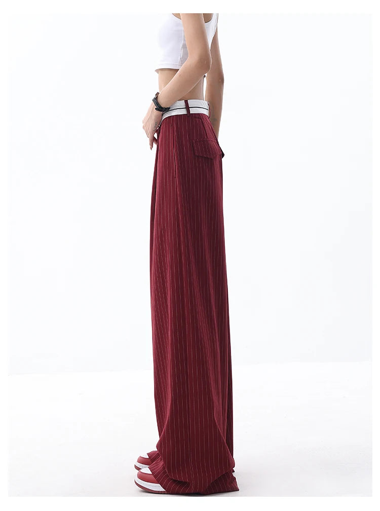 Korean Fashion Women Old Money Style Baggy Long Trousers Striped Vintage Irregular Design Loose Casual Pants 2000s Aesthetic New