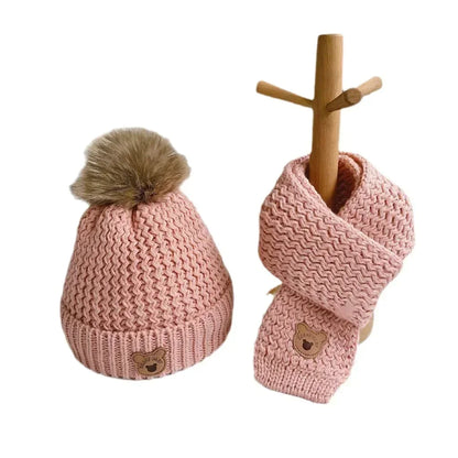 Autumn And Winter Children's Hats Scarves Two-piece Set Plush Insulation Knitted Hat Set Little Bear Wool Hat