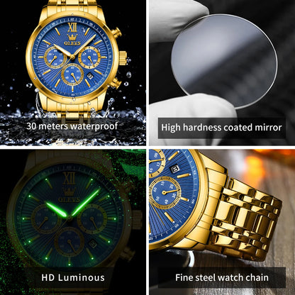 OLEVS 2023 New Gold Watch for Men Stainless Steel Waterproof Chronograph Calendar Man Watch Luxury Top Brand Men's Wristwatches