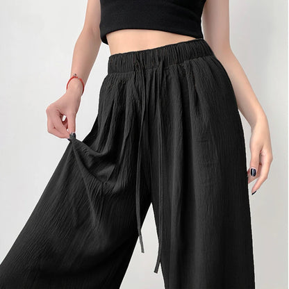 Summer Women's New Fashion Thin Japanese Ice Silk Wide-Leg Pants High-Waisted Straight Draped Anti-Wrinkle Casual Pants