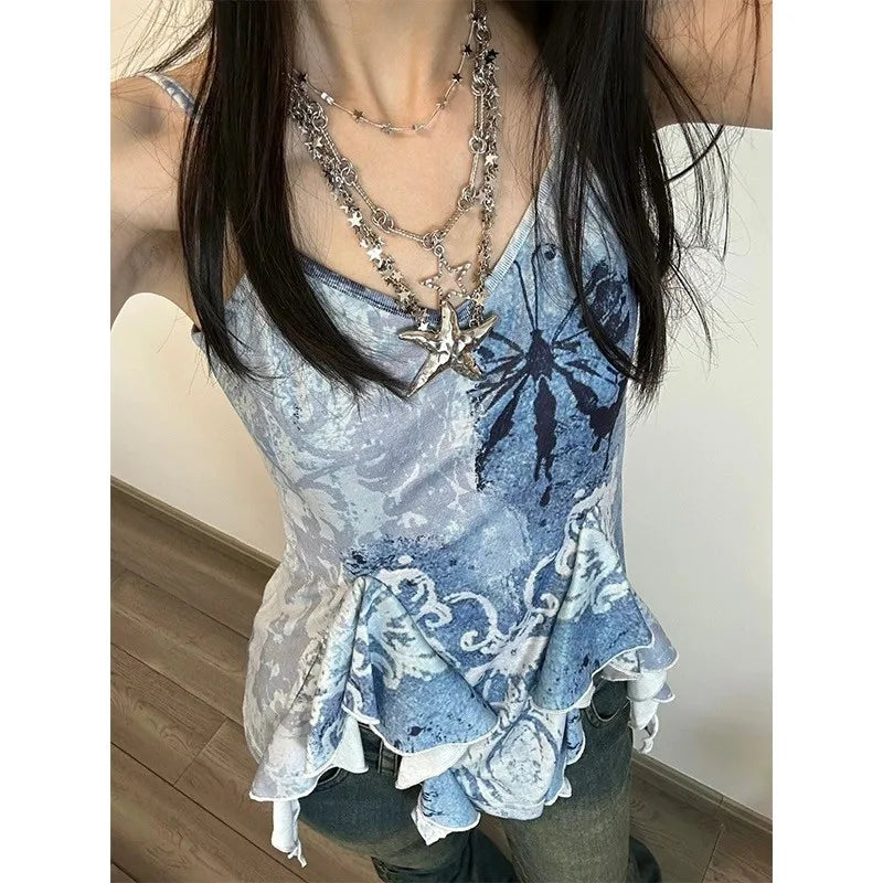 Genayooa Retro Tank Tops Women Sleeveless Blue Print Tank Y2k Vintage Camis 2000s Japanese E Girls Tee Irregual Tank Tops Summer