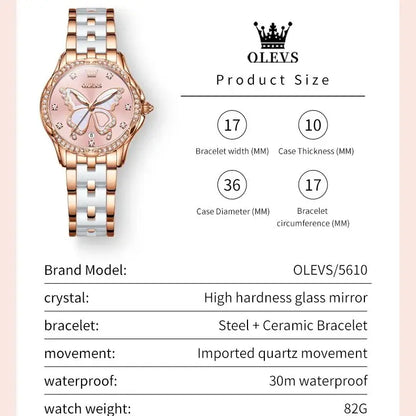 OLEVS 5610 Women's Watches Diamond Butterfly Design Dial Ceramic Strap Waterproof New Fashion Young Girl's Watches Set Gift