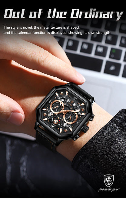 POEDAGAR Luxury Chronograph Square Man Watch Waterproof Luminous Date Men Watch Sports Leather Men's Watches Quartz Reloj Hombre