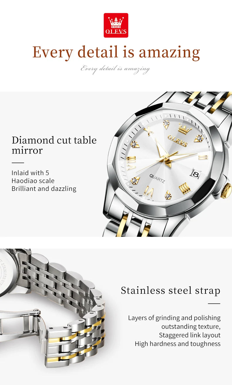 OLEVS Top Brand Women's Watches Elegant Rhombus Mirror Original Quartz Ladies Wristwatch Stainless Steel Waterproof Luminous New