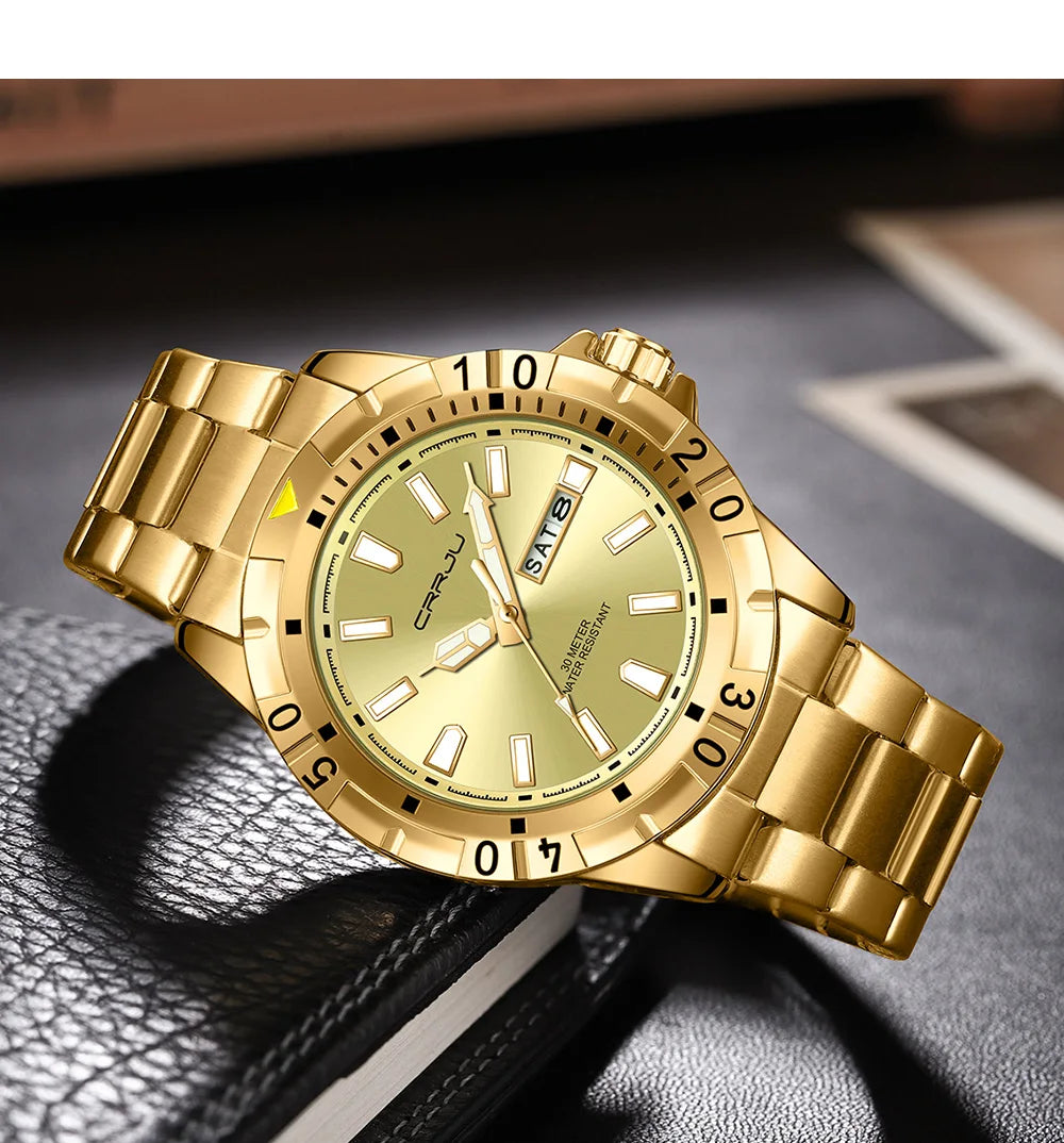 CRRJU Men's Watch,Classic Watches for Men, Waterproof Stainless Steel Roman Numbers Men's Watch Easy to Read Gold watch