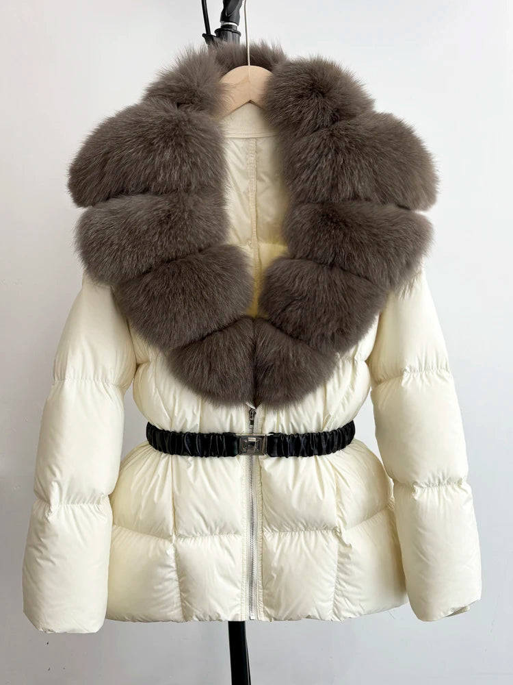 Janveny Super Big Real Fox Fur Winter Women 90% White Duck Down Jacket 2024 Ladies Slim Warm Puffer Coat Female Thick Parkas