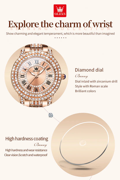 OLEVS Full Diamond Roman Dial Watch Women Luxury Elegant Stainless steel Waterproof High Quality Quartz Women's Watches 9943