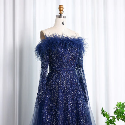 Sharon Said Off Shoulder Luxury Feather Brown Evening Dress with Cape Sleeve Navy Blue Women Wedding Party Gown SS135 Customized