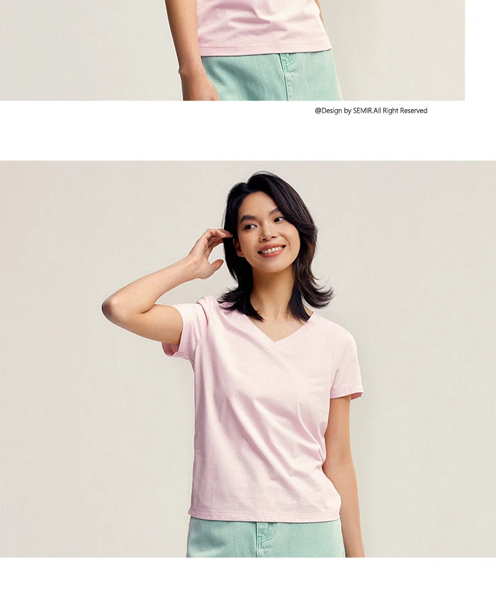 Semir Short Sleeve T-Shirt Women Slim V-Neck Positive Shoulder Simple 2024 New Antibacterial Summer Solid Colour Versatile T shi