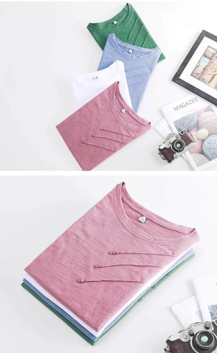 Summer Women Tee-Shirts Button Ribbed Cotton Top Loose Fashion T-shirts Women Streetwear Short Sleeve O-Neck Korean Tops