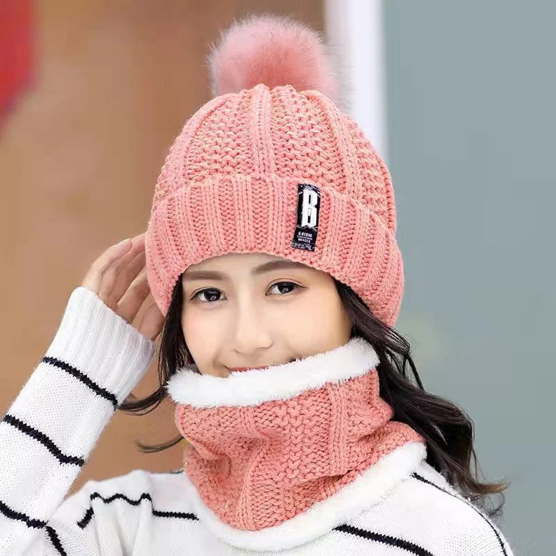 Warm Winter Skullies Beanies Knitted Hat Women Brand High Quality Winter Women Ball Ski Wool Fur Hat Pompoms Hats Knitted Scarf