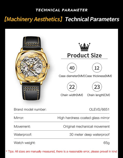 OLEVS 6651 Classic Automatic Mechanical Watch For Men Hollow Skeleton Luxury Leather Wrist Watches Waterproof Luminous Man Watch