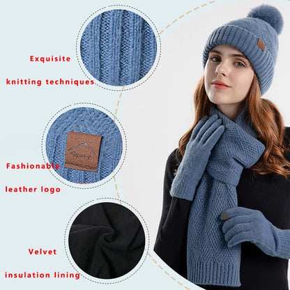 3pcs/set Winter Beanie Hat Scarf Touchscreen Gloves Set for Women Warm Knit Fleece Lined Hat Set Leather Label Fur Ball Cap