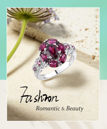 GZ ZONGFA Genuine 925 Sterling Silver for Women Ring 3 Carats Natural Purple Garnet Gemstone Flower Ring Gift Fine Jewelry