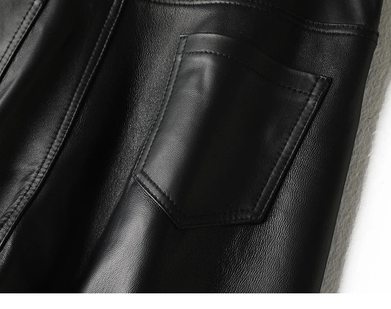 Women Leather Tight Trousers New Minimalist High Waisted Diagonal Pocket Long Pants Slim Straight Tube Pantalones Customer Color