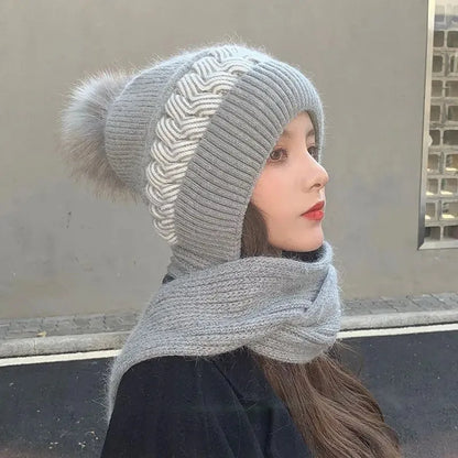 New Super Cute Warm Winter Scarf Hat Gloves with Fleece Thickened Ear Protection One-piece Knit Hat Are Windproof and Cold