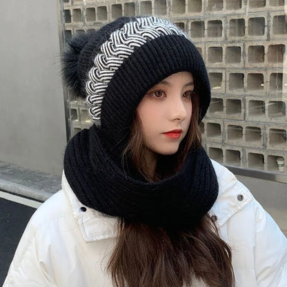 8PCS Hat Scarf All-in-one Female Winter Warm Rabbit Hair Knitted Cap Cycling Ear Protection Padded Cute Cold-proof Neck Cap