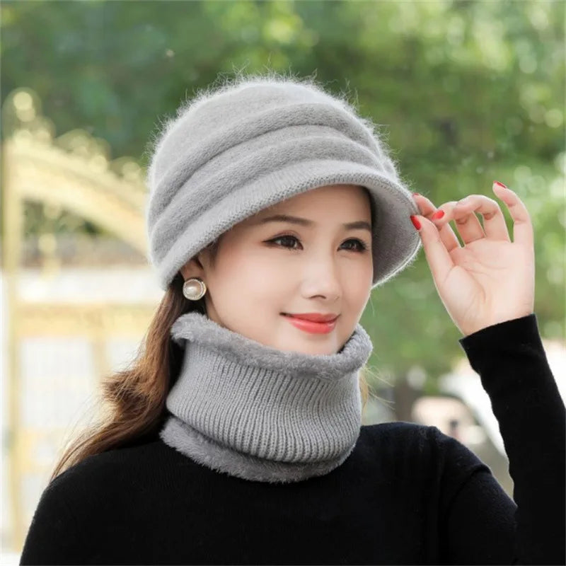 Women Winter Hat Keep Warm Cap Add Fur Lined CAPS And Scarf Set Warm For Female Casual Rabbit Fur Winter Knitted Bonnet