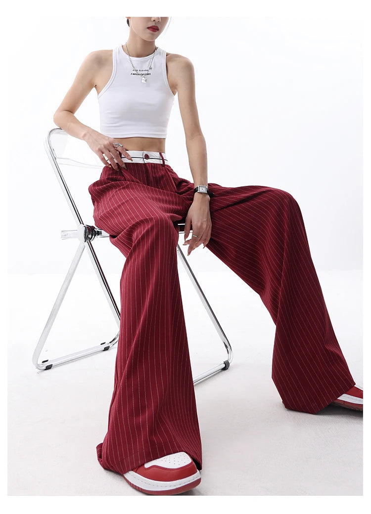 Korean Fashion Women Old Money Style Baggy Long Trousers Striped Vintage Irregular Design Loose Casual Pants 2000s Aesthetic New