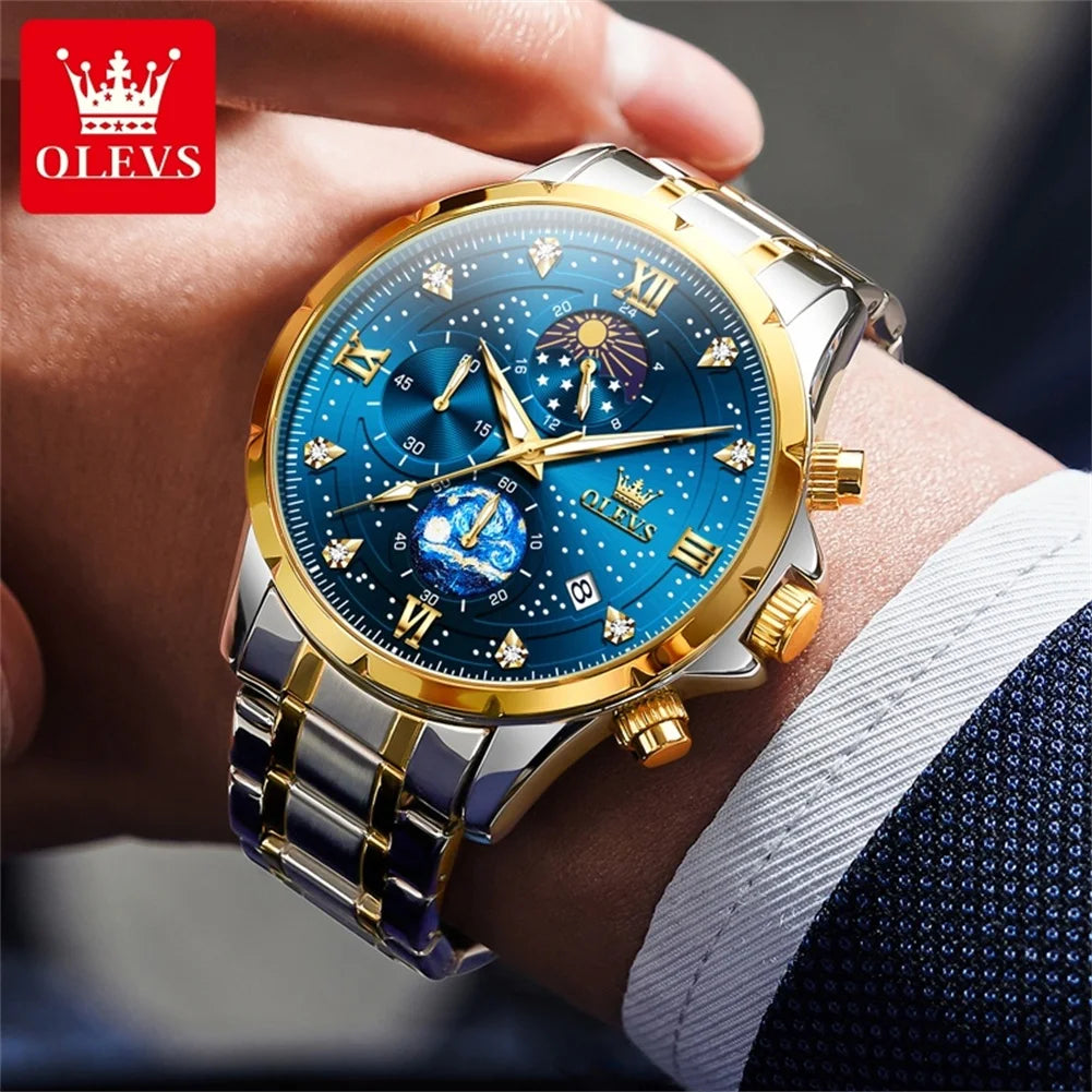 OLEVS 9807 New Man Watch Starry Sky Moon Phase Chronograph Waterproof Luminous Auto Date Hand Clock Luxury Quartz Watch for Men