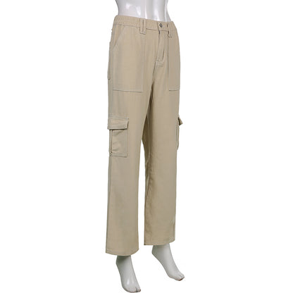 Women Solid Color Cargo Pants High Waist Straight-leg Buckle Jeans with Pockets Khaki Brown Baggy Casual Trousers