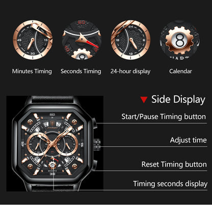 POEDAGAR Luxury Chronograph Square Man Watch Waterproof Luminous Date Men Watch Sports Leather Men's Watches Quartz Reloj Hombre