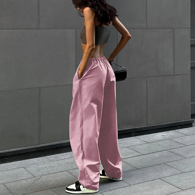 Women's casual European and American street fashion trend women's simple loose pants Drawstring waist casual work pants