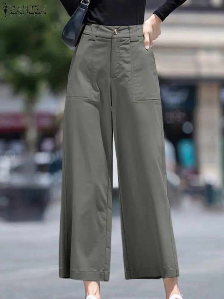 ZANZEA Women Straight Long Pants Casual Loose Wide Leg Trousers 2024 Summer High Waist Pantalons Holiday Solid Pockets Pants