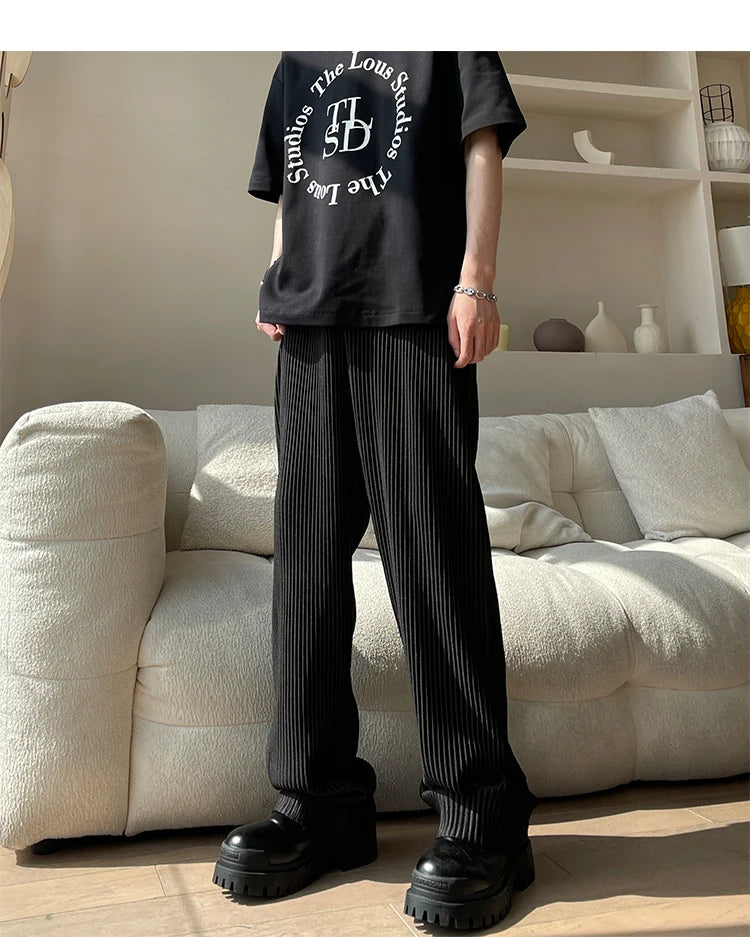 Summer Pleated Pants Men Oversized Fashion Casual Ice Silk Pants Men Streetwear Hip Hop Loose Wide Leg Pants Mens Trousers S-2XL