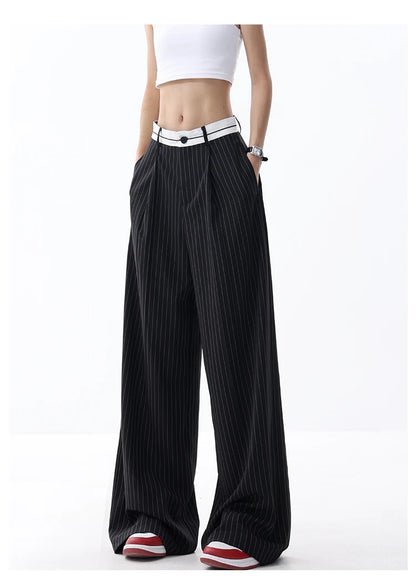 Korean Fashion Women Old Money Style Baggy Long Trousers Striped Vintage Irregular Design Loose Casual Pants 2000s Aesthetic New