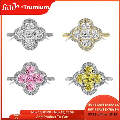 Trumium Real S925 Silver Four Clover Rings for Women Lucky Ring Shiny 5A Zircon Daily Luxury Jewelry Gifts Lady Party Banquet