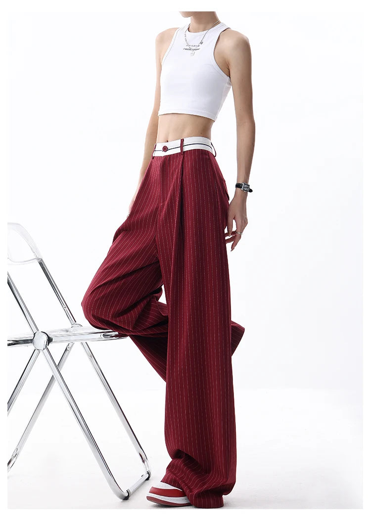 Korean Fashion Women Old Money Style Baggy Long Trousers Striped Vintage Irregular Design Loose Casual Pants 2000s Aesthetic New