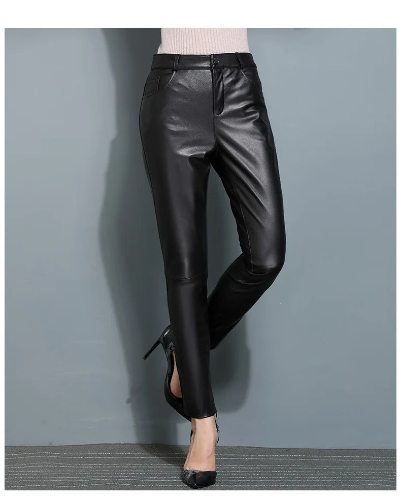 Leather Pants, Women's Slimming Small Leg Sheepskin Pencil Pants, Spring And Autumn, Leather Leggings ,Slim Leather Pants 4XL