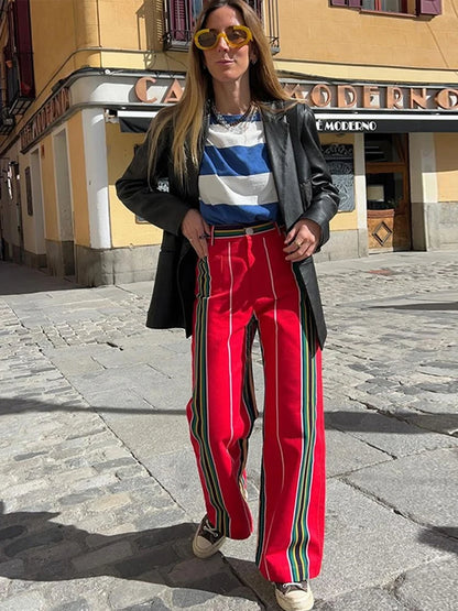 Women's Striped Straight Pants Colors Print Wide Trousers With Zipper Female Casual Pockets High Waist Pant 2024 New Commuting