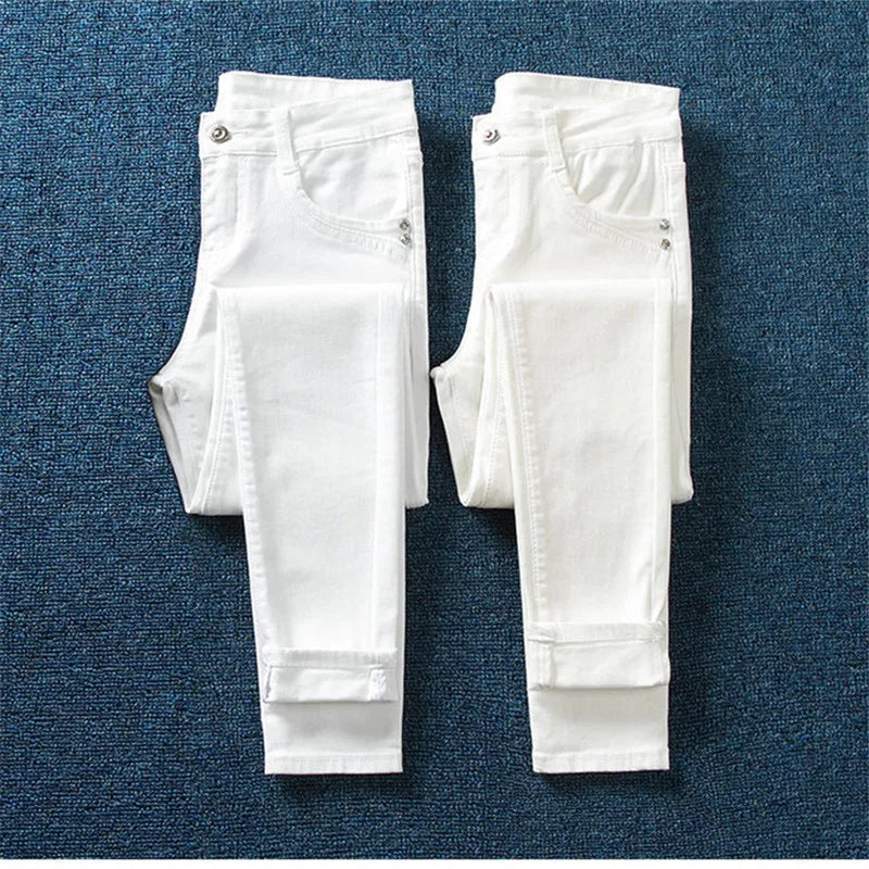 2023 Spring Autumn new White Jeans Women Fashion Slim Pencil High Waist Skinny Elasticity Denim Pants Female Trousers tide H2366