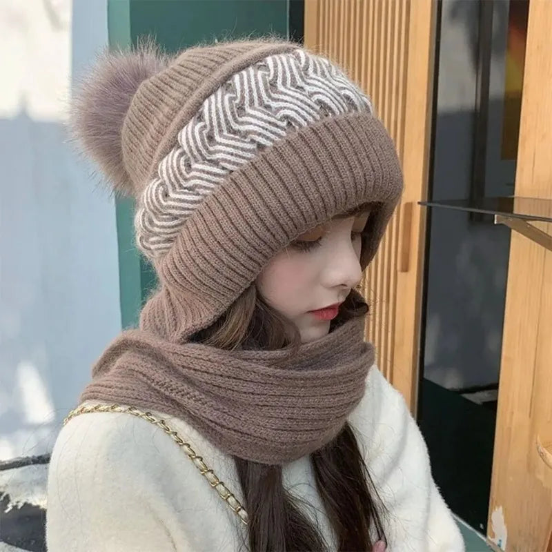 New Super Cute Warm Winter Scarf Hat Gloves with Fleece Thickened Ear Protection One-piece Knit Hat Are Windproof and Cold