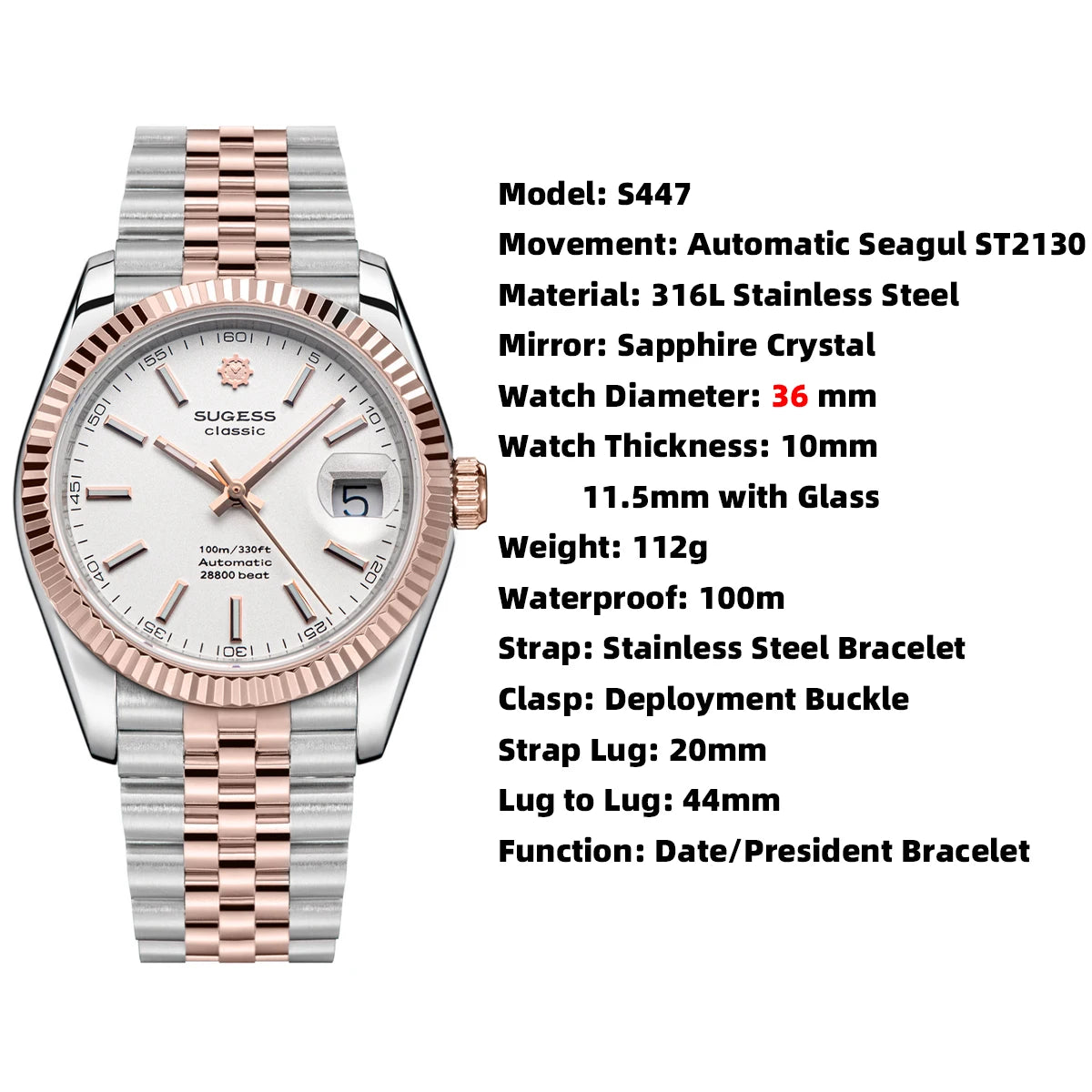 Sugess 36mm Man Watch Automatic ST2130 Movement Retro Mechanical Wristwatches Sapphire Crystal RoseGold Case President Bracelet