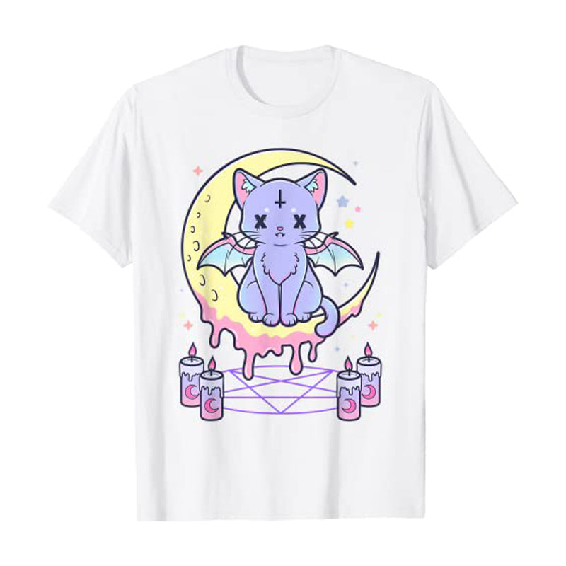 Kawaii Pastel Goth Cute Creepy Black Cat Tshirt Women Summer XS-4XL Tops Creative Pattern Personalized Street Tee Y2k