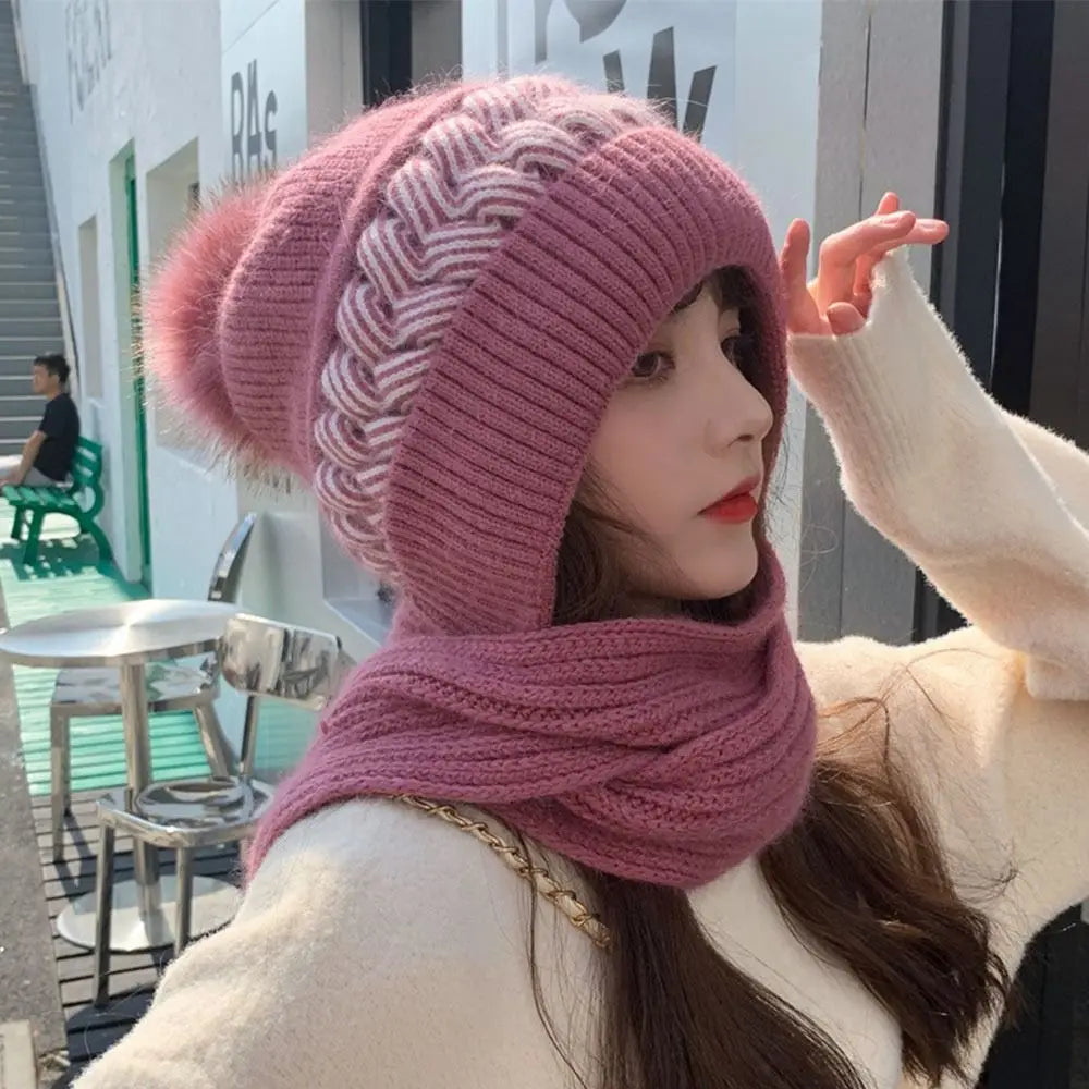 Integrated Ear Protection Windproof Cap Scarf Knitting Thickening Hat Winter Beanie Hat Scarf