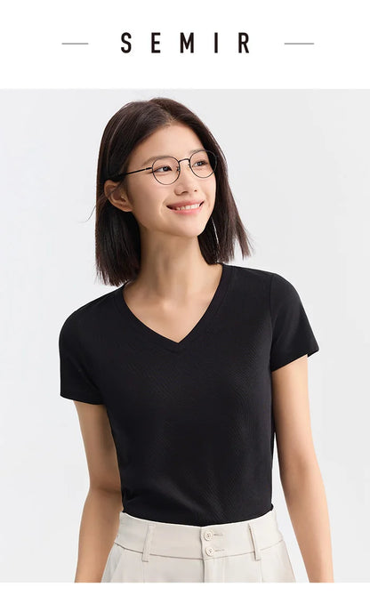 Semir Short Sleeve T-Shirt Women Slim V-Neck Positive Shoulder Simple 2024 New Antibacterial Summer Solid Colour Versatile T shi