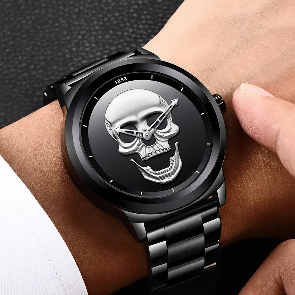 LIGE Top Brand 3D Skull Man Watch Fashion Creative Stainless Steel Quartz Watchs for Men Fashion Business Waterproof Male Clocks