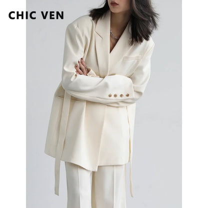 CHIC VEN Women Blazer Design Wide Shoulder Ribbon Solid Women's Medium Long Coat Office Lady Female Overcoat Spring Autumn 2022