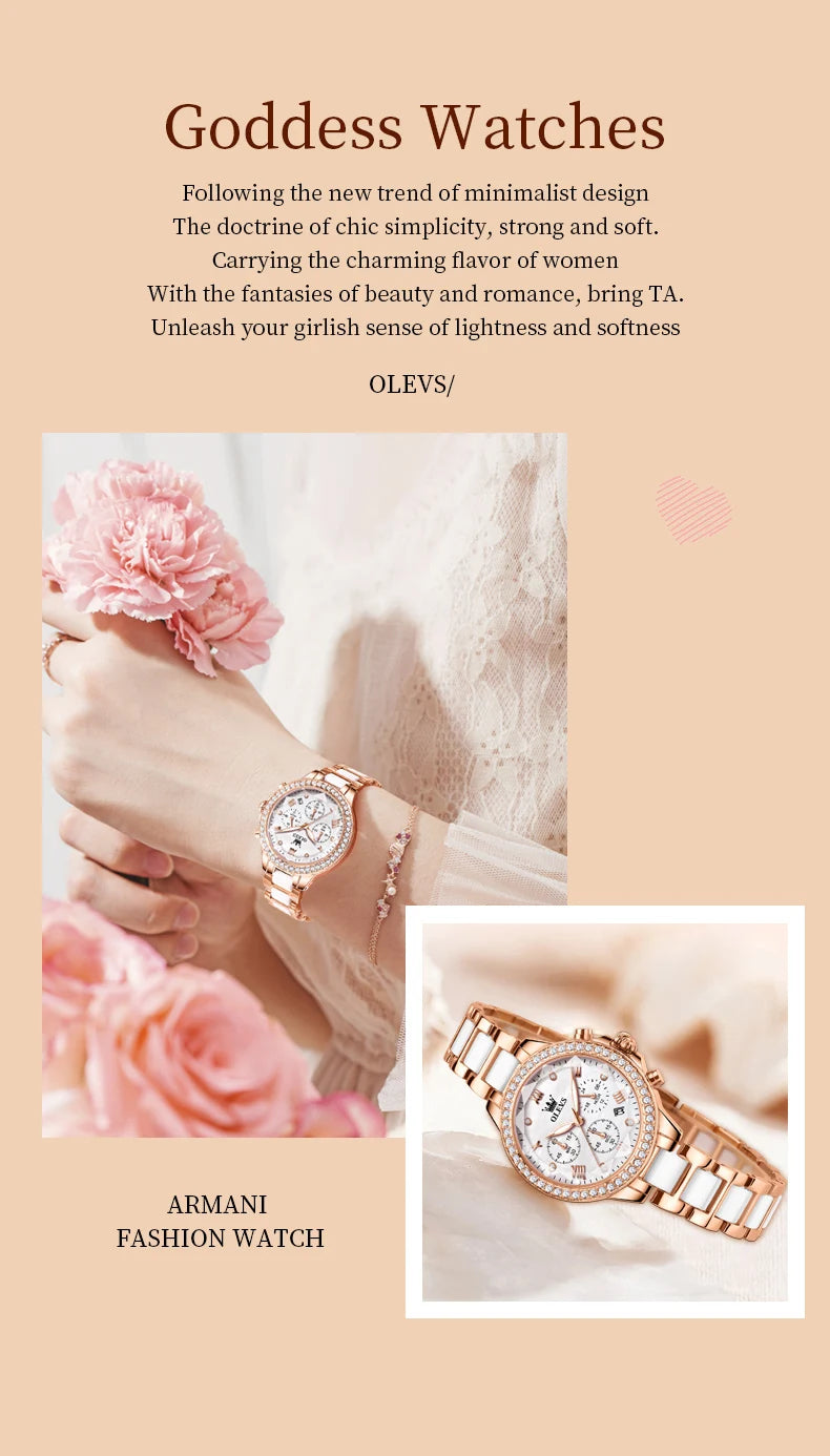 OLEVS Women's Watches Fashion Luxury Rhinestone luminous waterproof Bezel Ceramic Strap Quartz Women watch for Women Reloj mujer