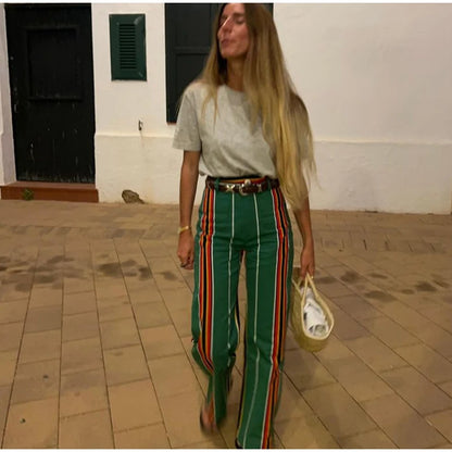 Women's Striped Straight Pants Colors Print Wide Trousers With Zipper Female Casual Pockets High Waist Pant 2024 New Commuting